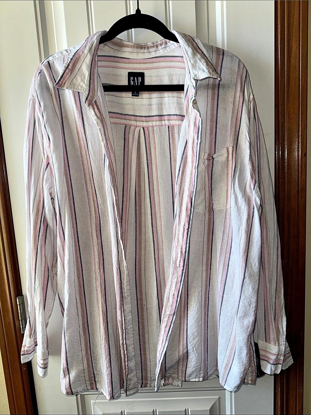 GAP Linen-Blend Oversized Boyfriend Shirt Pink & White XL